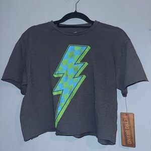 Original Retro Brand Charcoal Crop Top with Blue and Green Lightning